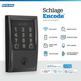Schlage Encode keypad close-up showing fingerprint-resistant touchscreen for secure access