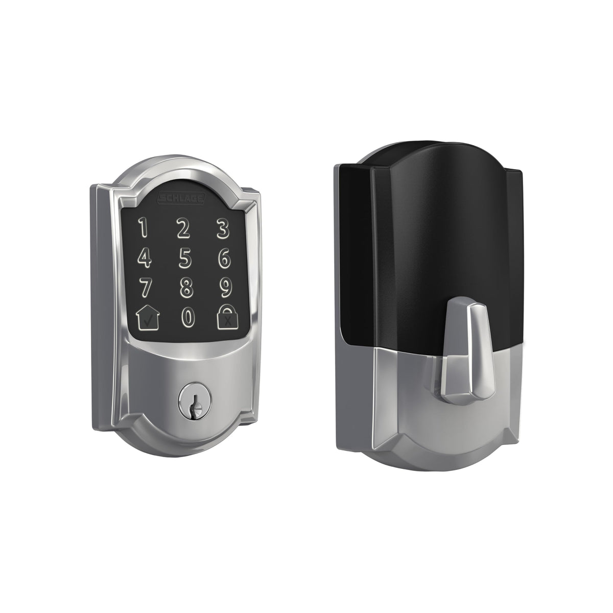 Schlage Encode smart WiFi deadbolt on front door with touchscreen for keyless entry