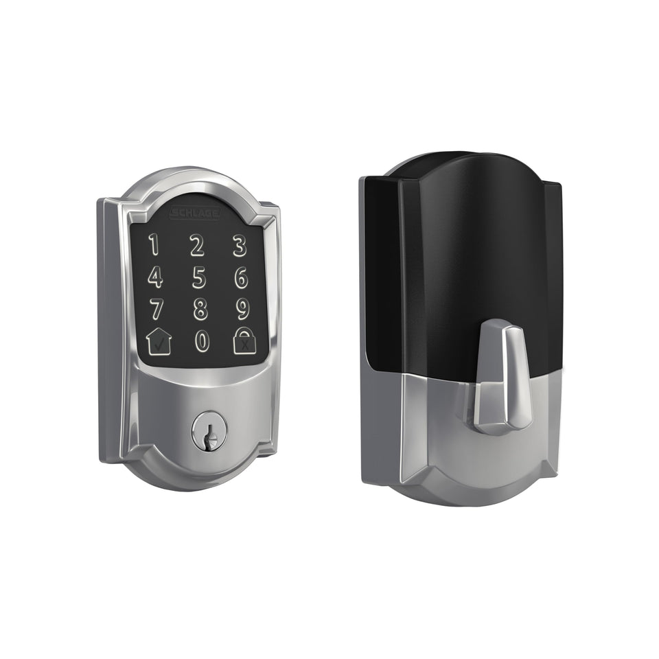 Schlage Encode smart WiFi deadbolt on front door with touchscreen for keyless entry
