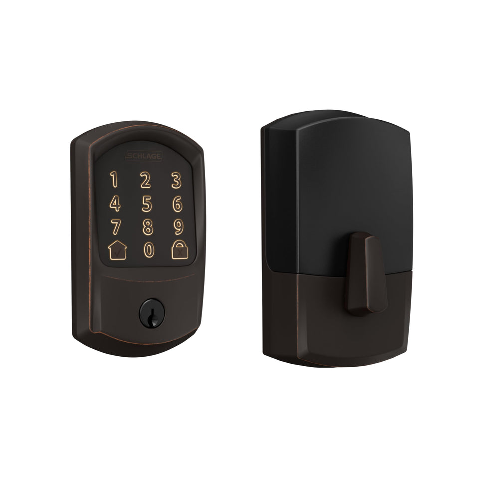Schlage Encode smart deadbolt front view with touchscreen keypad for keyless entry
