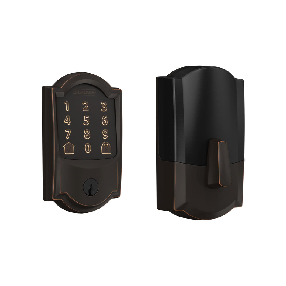 Schlage Encode smart WiFi deadbolt touchscreen enables keyless entry with remote app control.