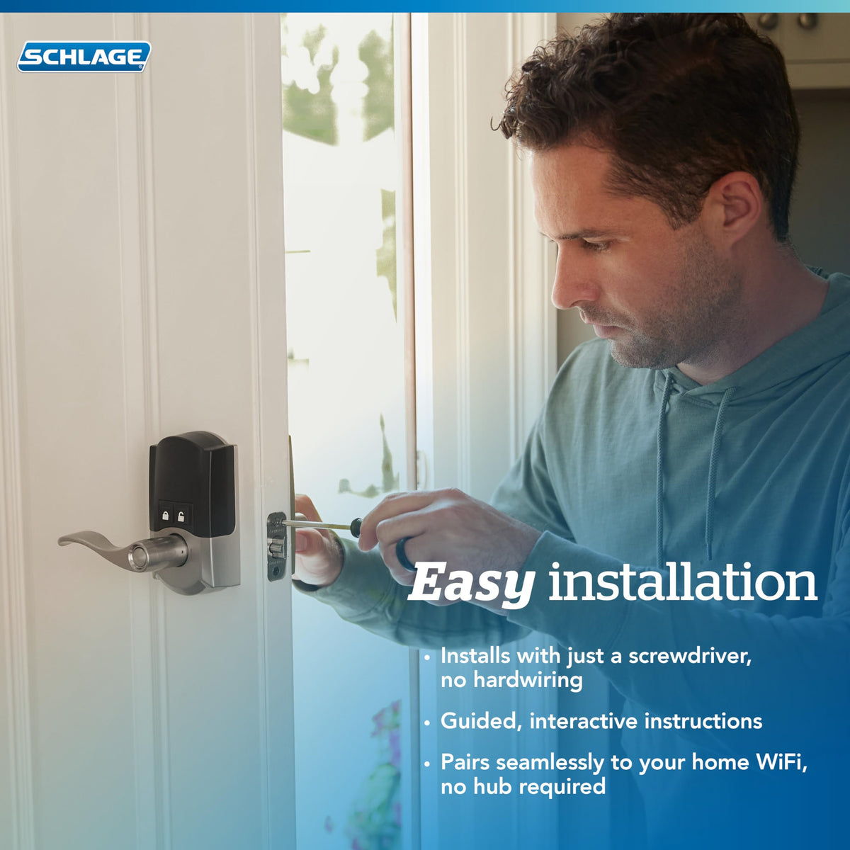 Finish options for Schlage Encode Smart WiFi Lever on a door.