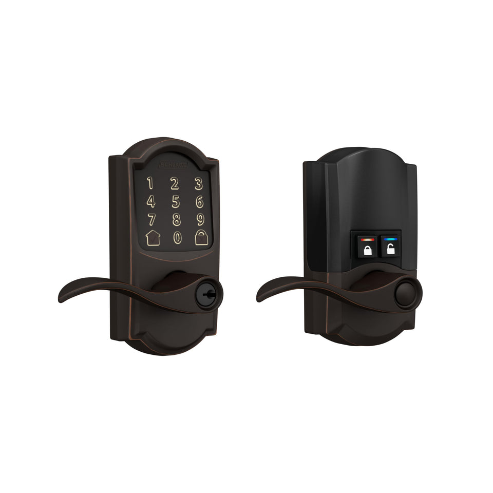 Schlage Encode smart WiFi lever at front door angle demonstrates keyless entry convenience