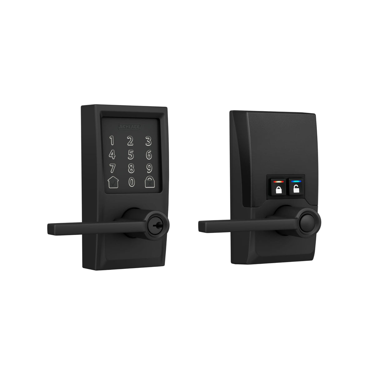 Schlage Encode Smart WiFi Lever front view with touchscreen keypad for keyless entry.