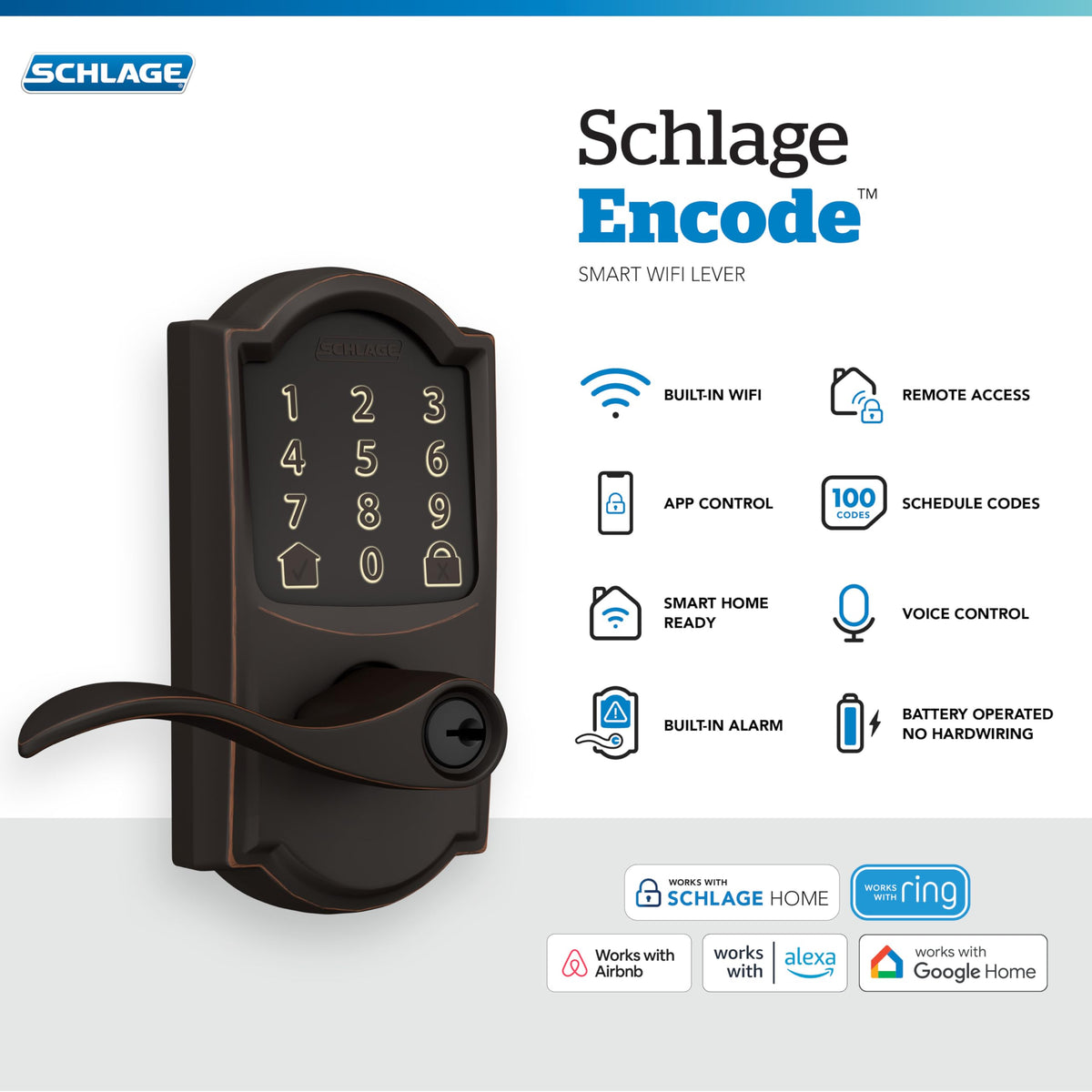 Schlage Encode touchscreen closeup shows responsive keypad and fingerprint-resistant surface