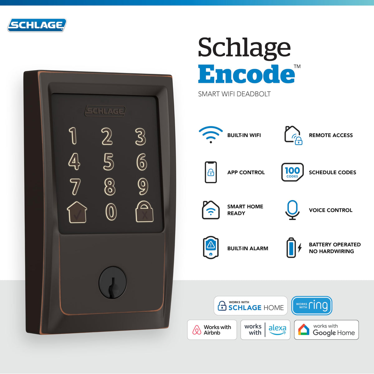 Schlage Encode touchscreen keypad close-up highlights modern security and ease of use.
