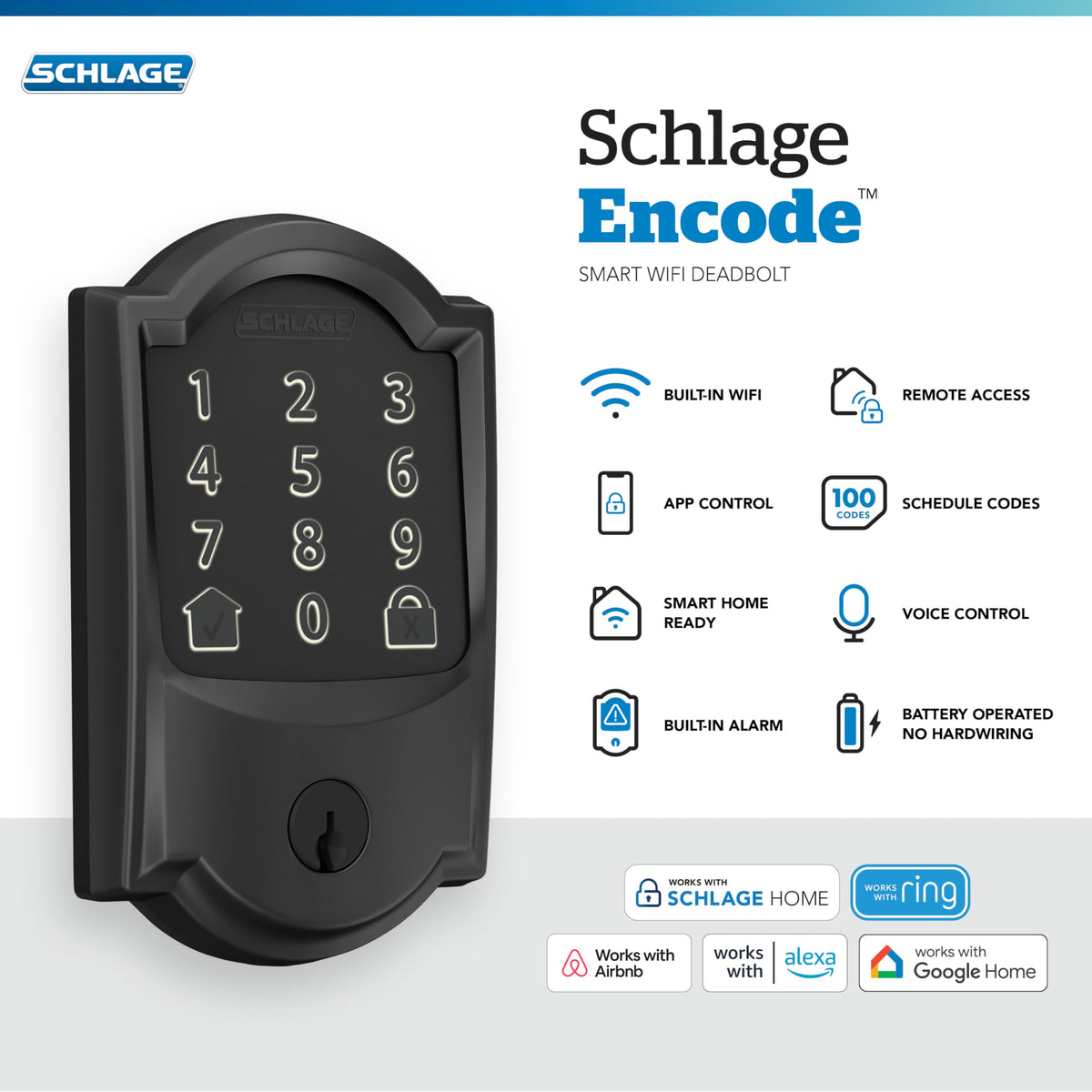 Schlage Encode touchscreen keypad close‑up highlighting fingerprint‑resistant surface