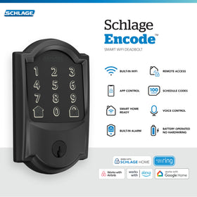 Schlage Encode touchscreen keypad close‑up highlighting fingerprint‑resistant surface
