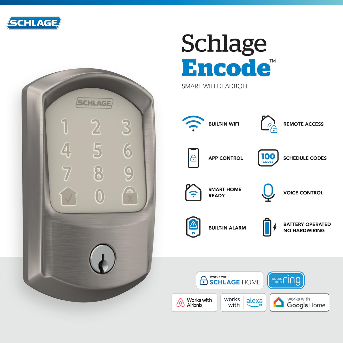 Schlage Encode keypad closeup highlights fingerprint-resistant touchscreen for quick access.