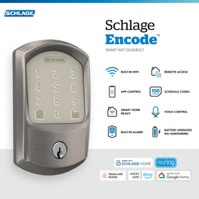 Schlage Encode keypad closeup highlights fingerprint-resistant touchscreen for quick access.