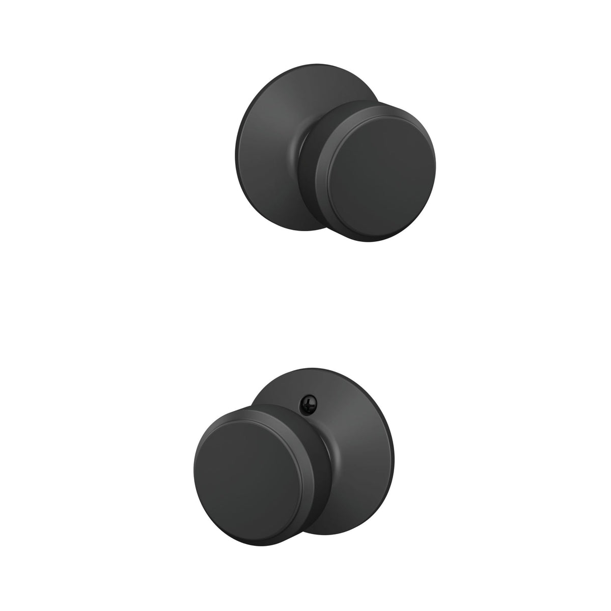 Schlage F10 BWE Bowery knob front view in matte black for stylish interiors