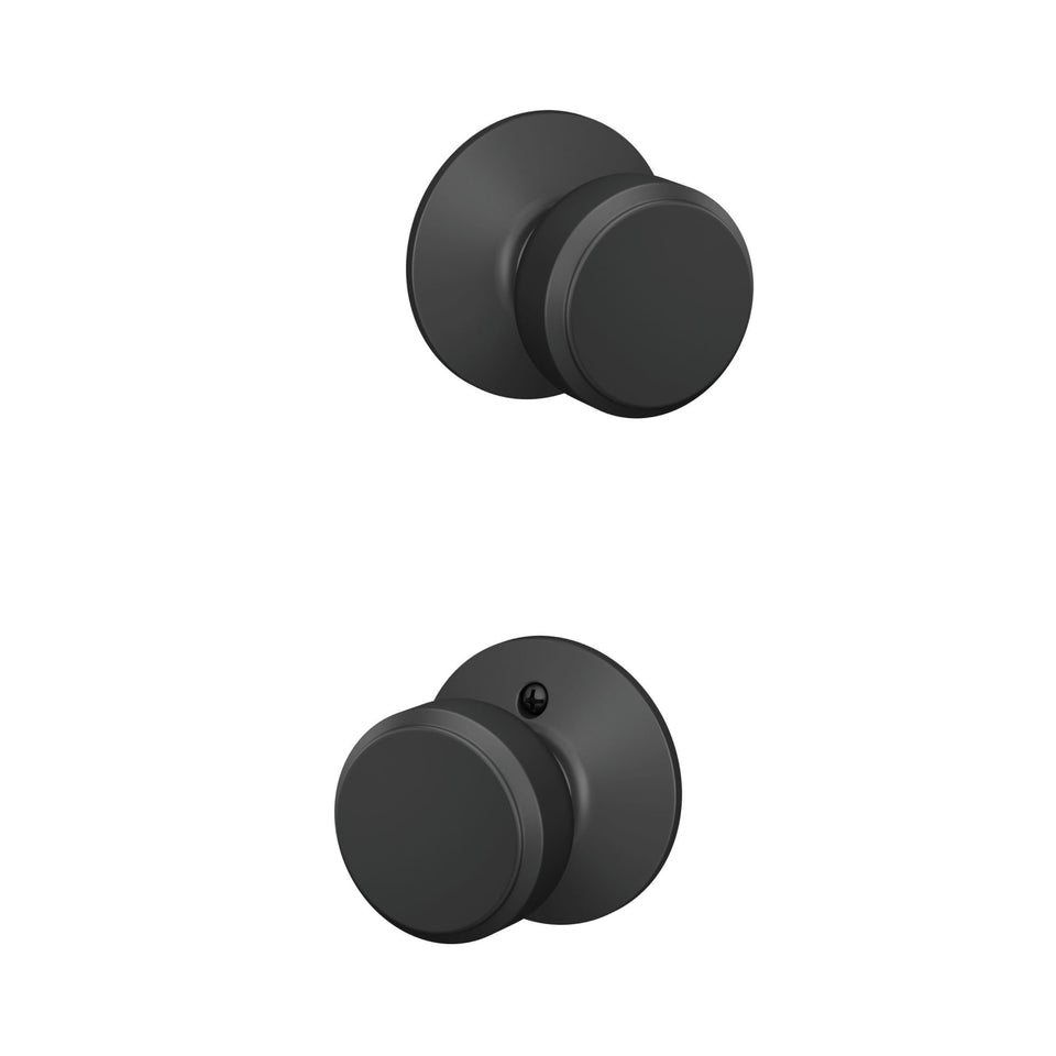 Schlage F10 BWE Bowery knob front view in matte black for stylish interiors