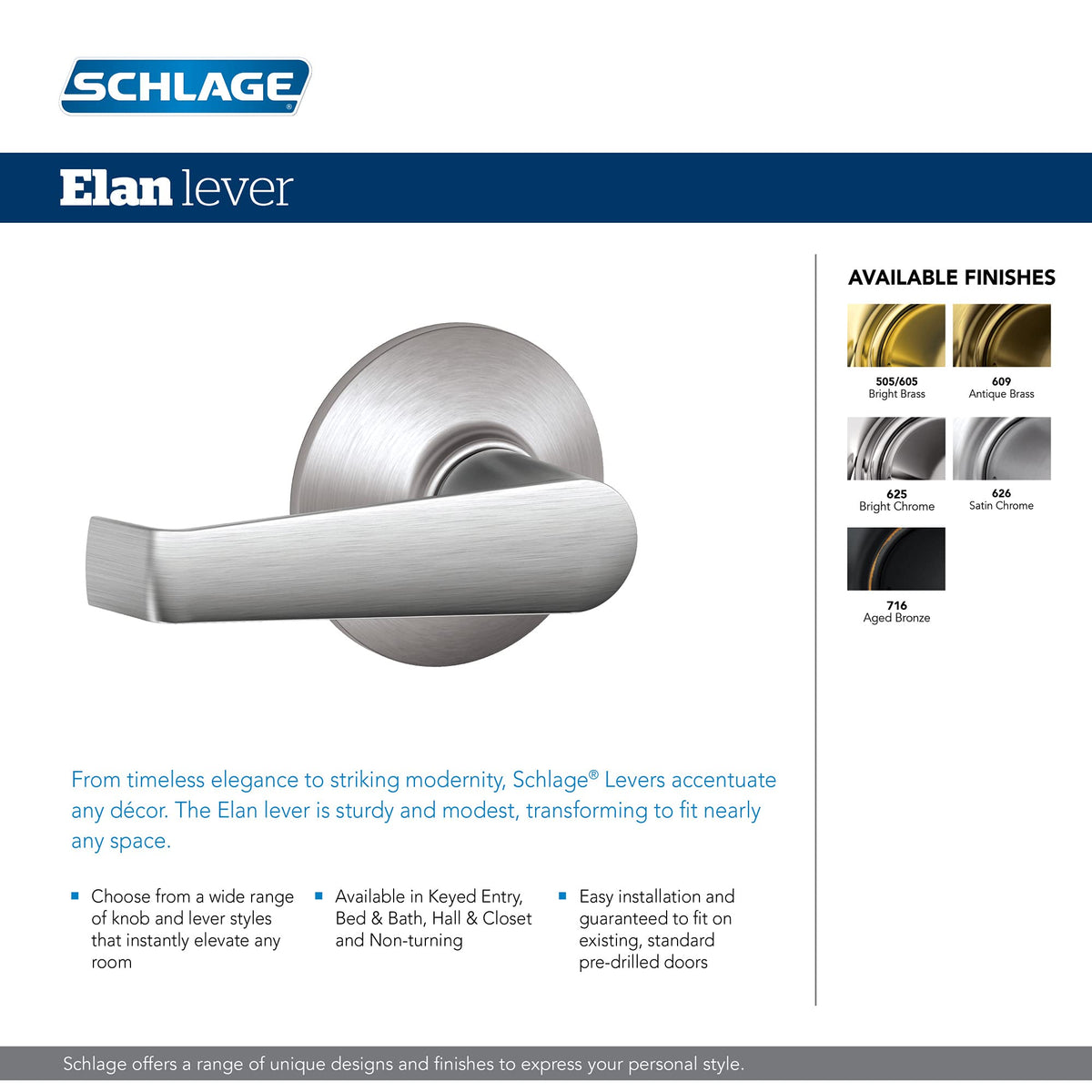 Schlage F10 CSV ELA 626 Elan lever side profile shows universal latch compatibility