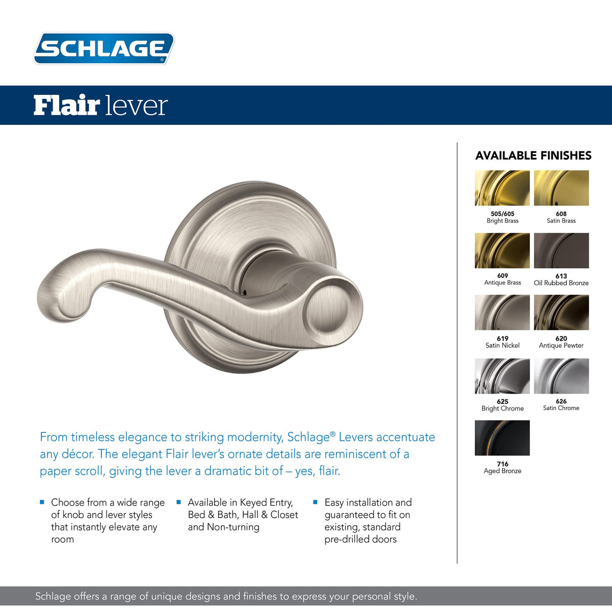 Schlage F10 FLA 605 Flair lever Bright Brass finish enhances decor and daily use.