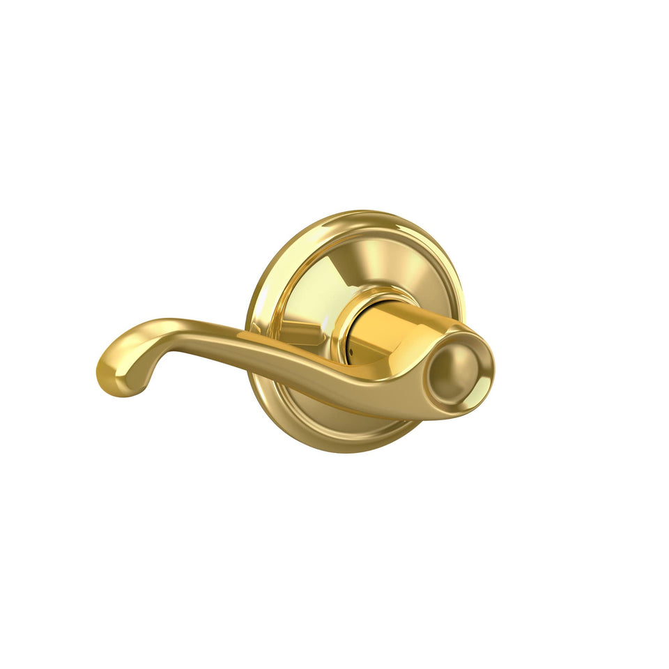 Schlage F10 FLA 605 Flair door lever Bright Brass front view for interior passage.