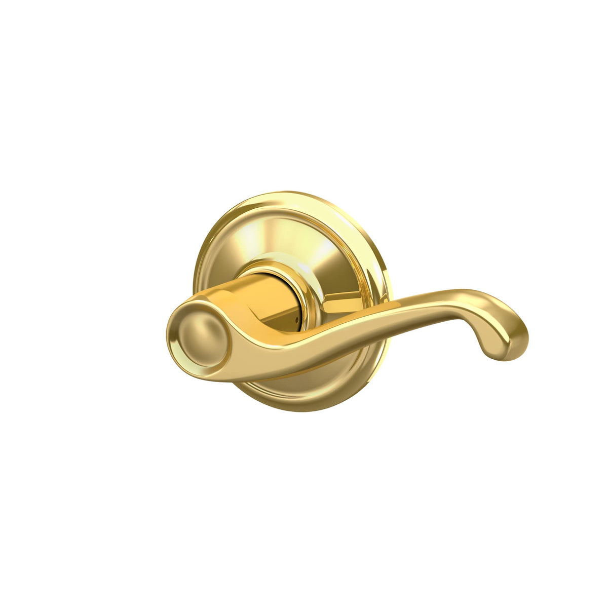 Schlage F10 FLA 605 Flair lever demonstrates universal latch compatibility for standard doors.