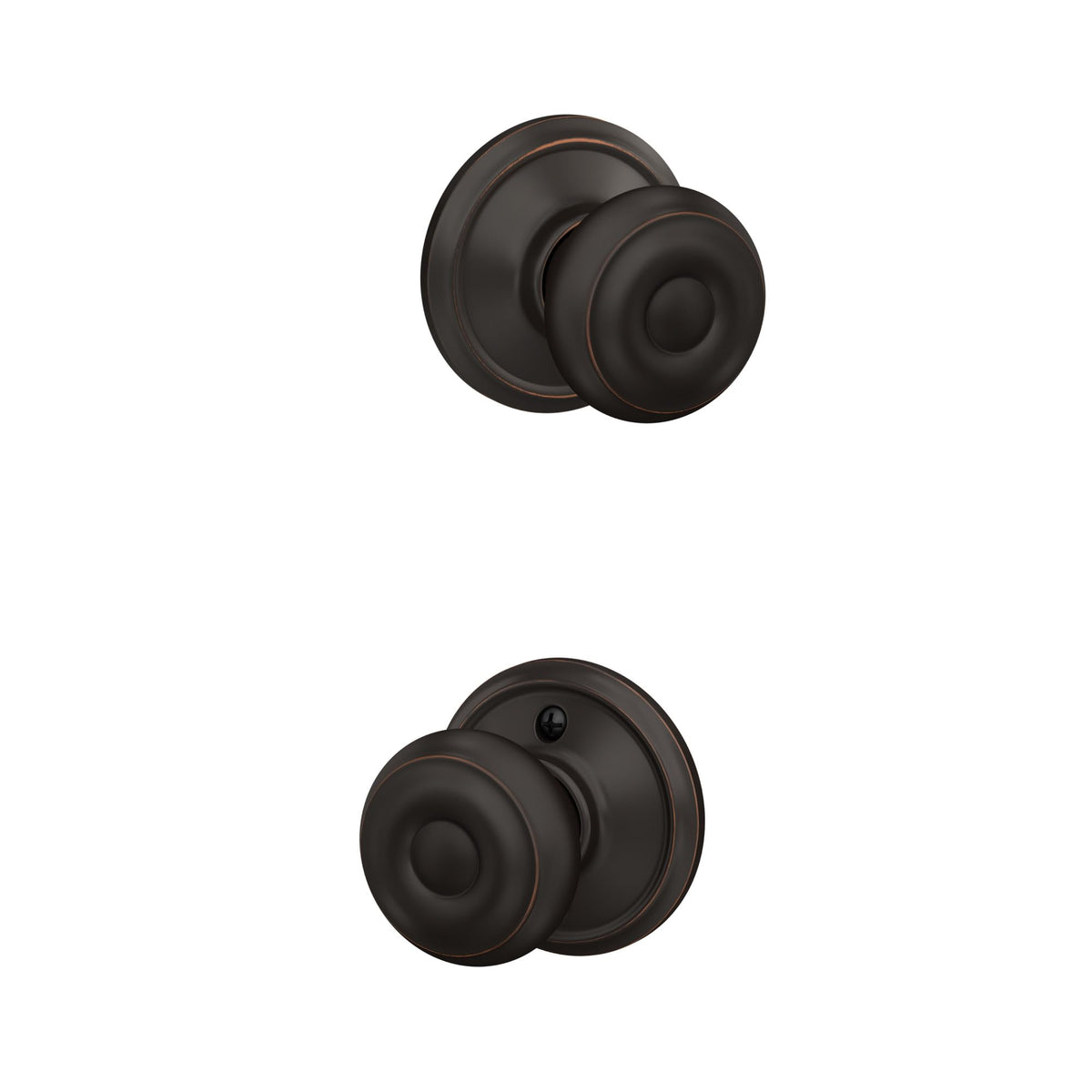 Schlage F10 GEO 716 front view in aged bronze showcases classic hallway style.