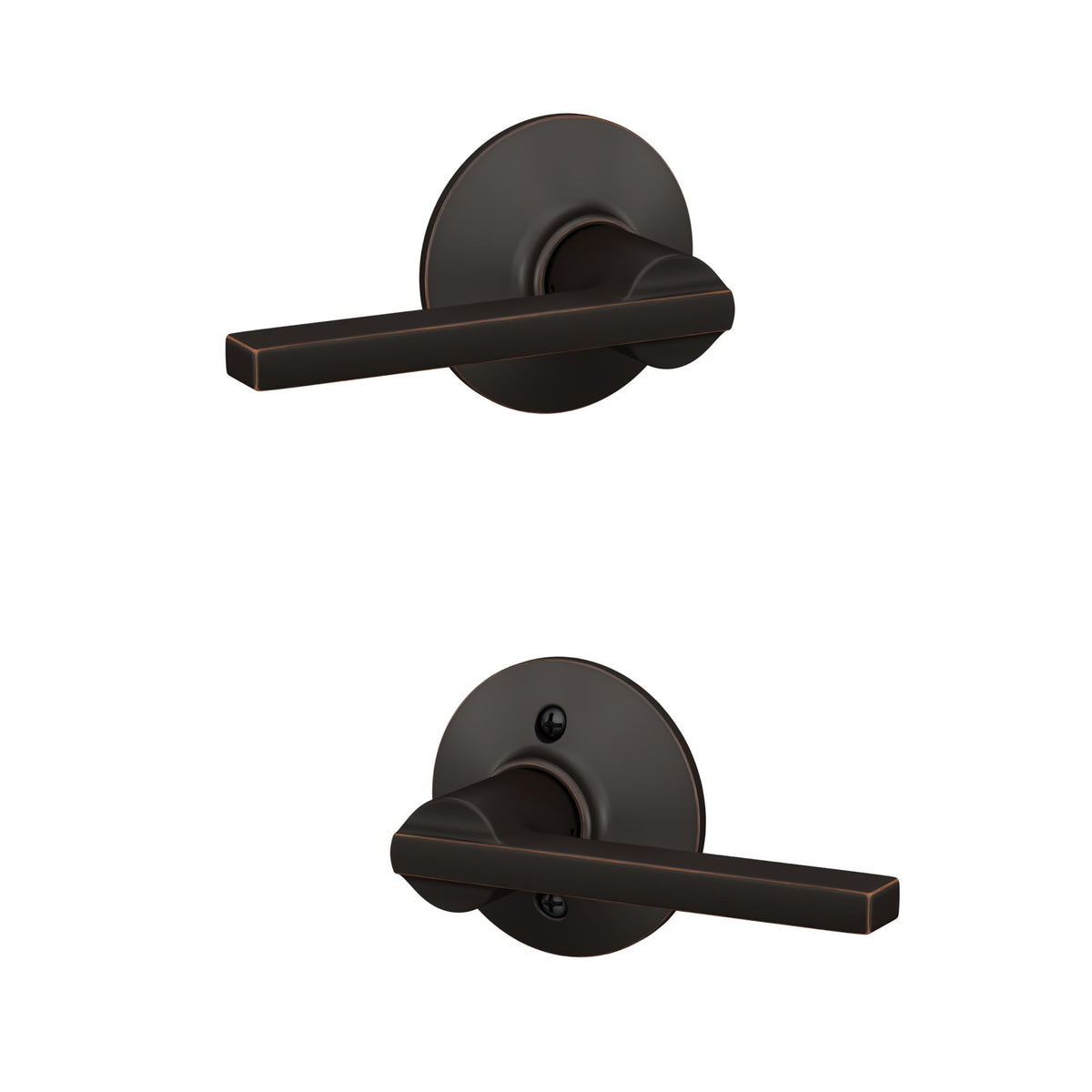 Schlage F10 LAT 716 Latitude lever, angled finish showcases aged bronze for interiors.