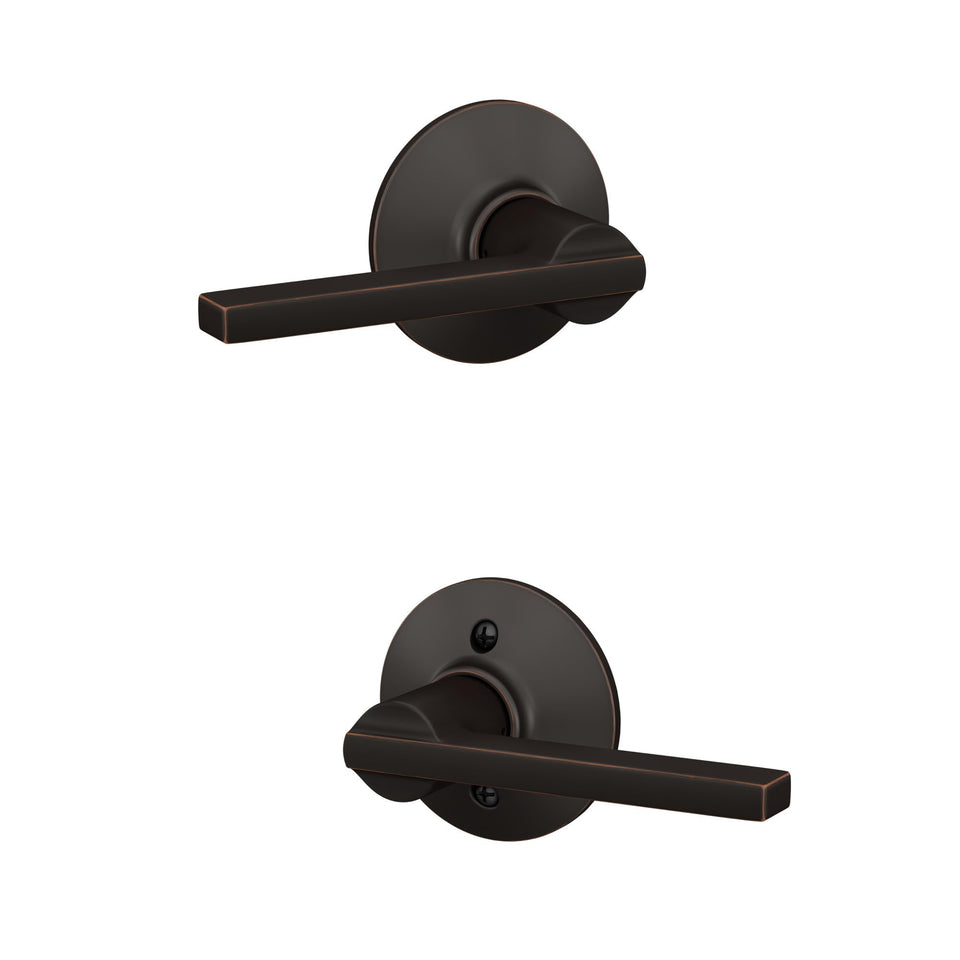 Schlage F10 LAT 716 Latitude lever, angled finish showcases aged bronze for interiors.