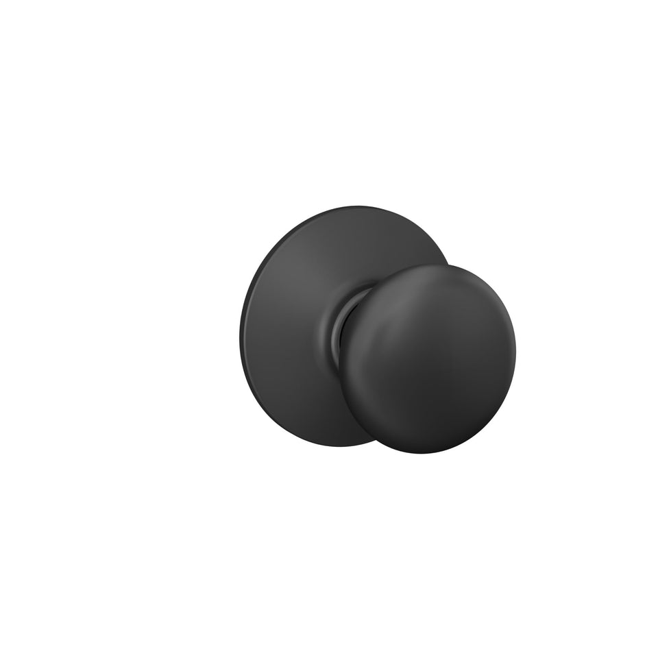Schlage F10 Plymouth door knob matte black on hall doors for easy access.