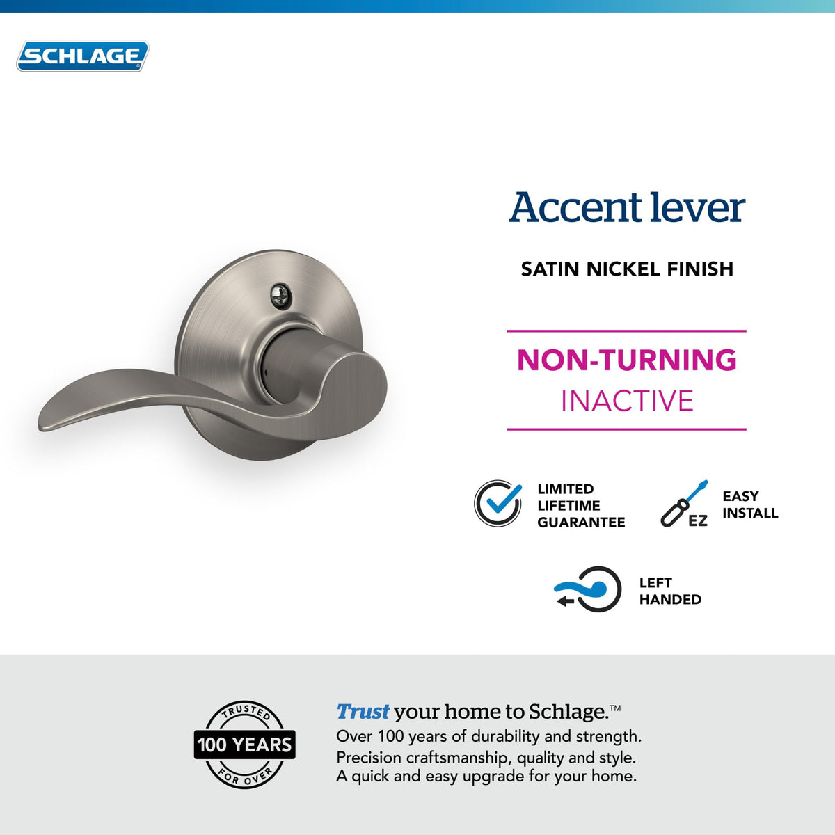 Dummy lever on door showcases inactive hardware in satin nickel