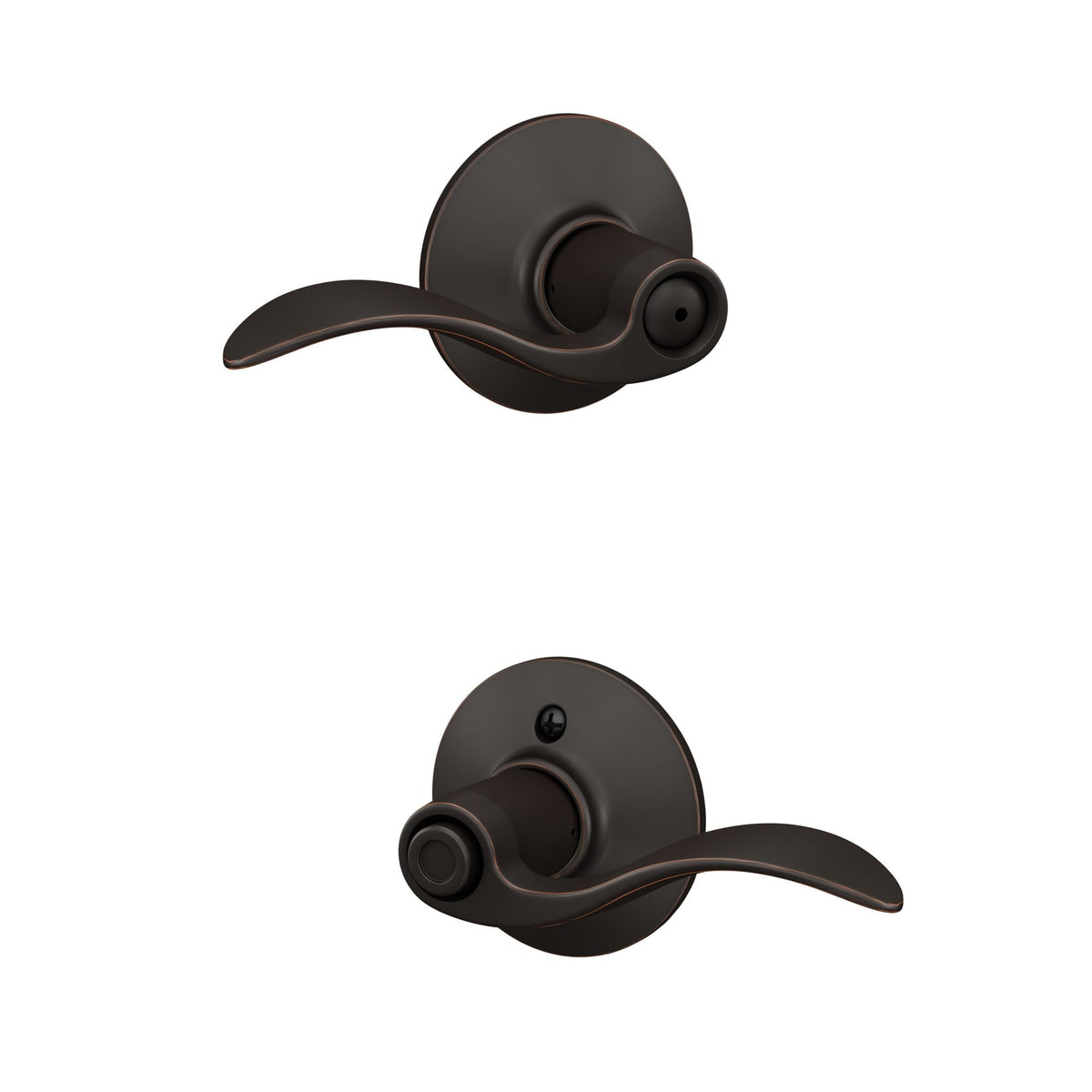 Schlage F40 716 accent lever close-up in aged bronze for a refined look.