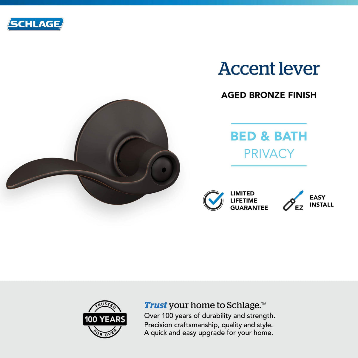 Schlage F40 716 durable aged-bronze finish highlights longevity.