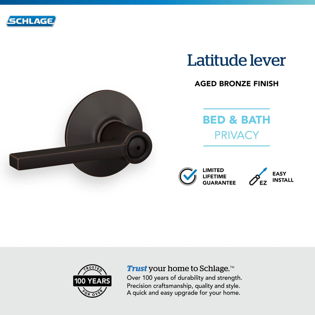 Aged bronze finish detail on Schlage F40 Latitude lever adds warm style.