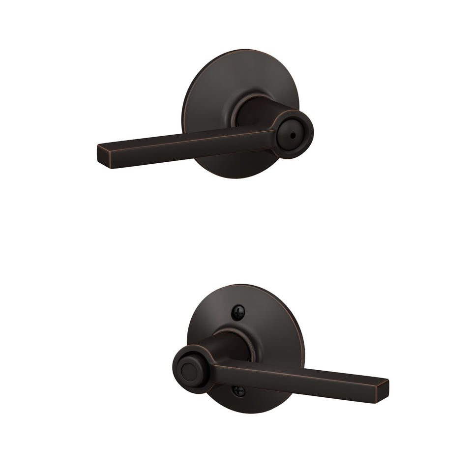 Schlage F40 Latitude lever inside view with privacy lock for bedroom doors.
