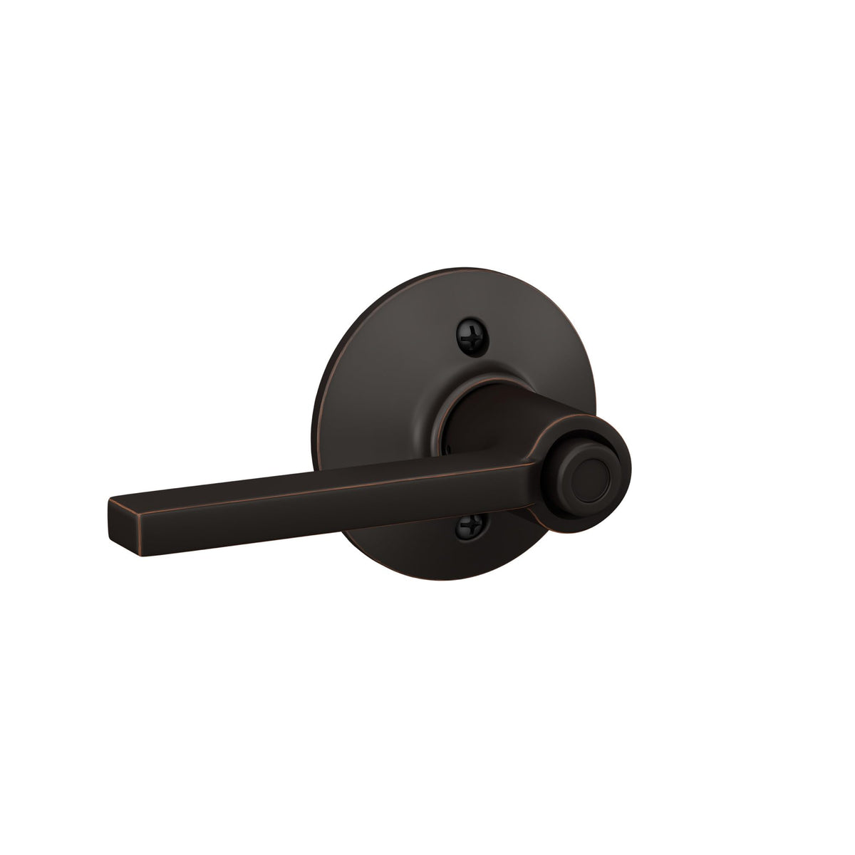 Closeup of privacy button on Schlage F40 Latitude lever in aged bronze.