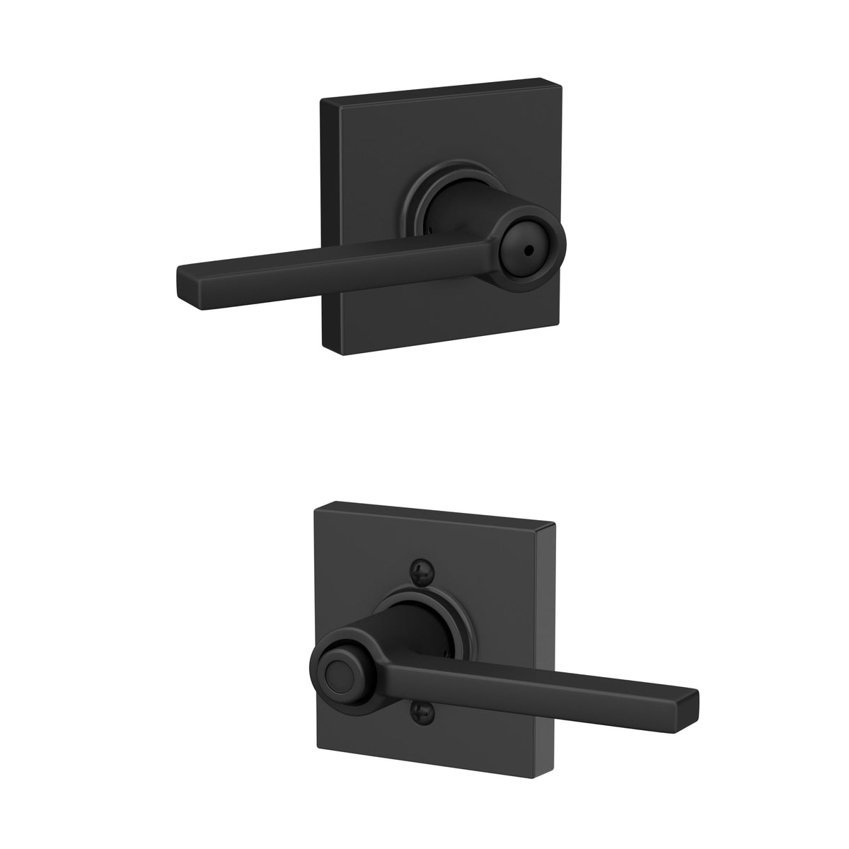 Schlage Latitude lever with Collins trim in matte black, ideal for interior privacy.