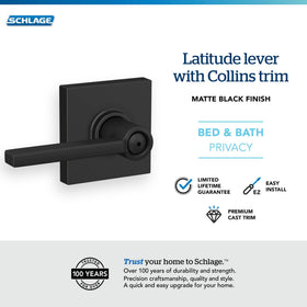 Schlage Latitude lever with Collins trim provides interior privacy on bedrooms and baths.
