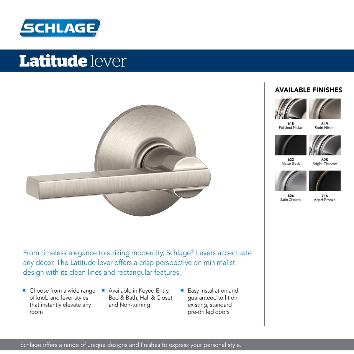 Schlage F40 Latitude privacy lever inside view with lock button and outside pin key.