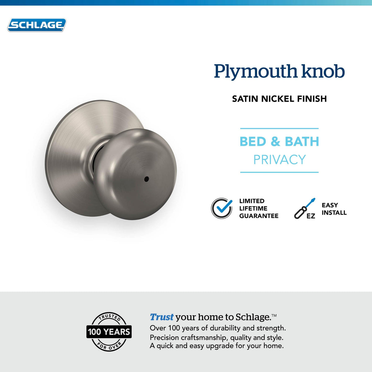 Schlage Plymouth knob includes radius and drive-in faceplates for flexibility