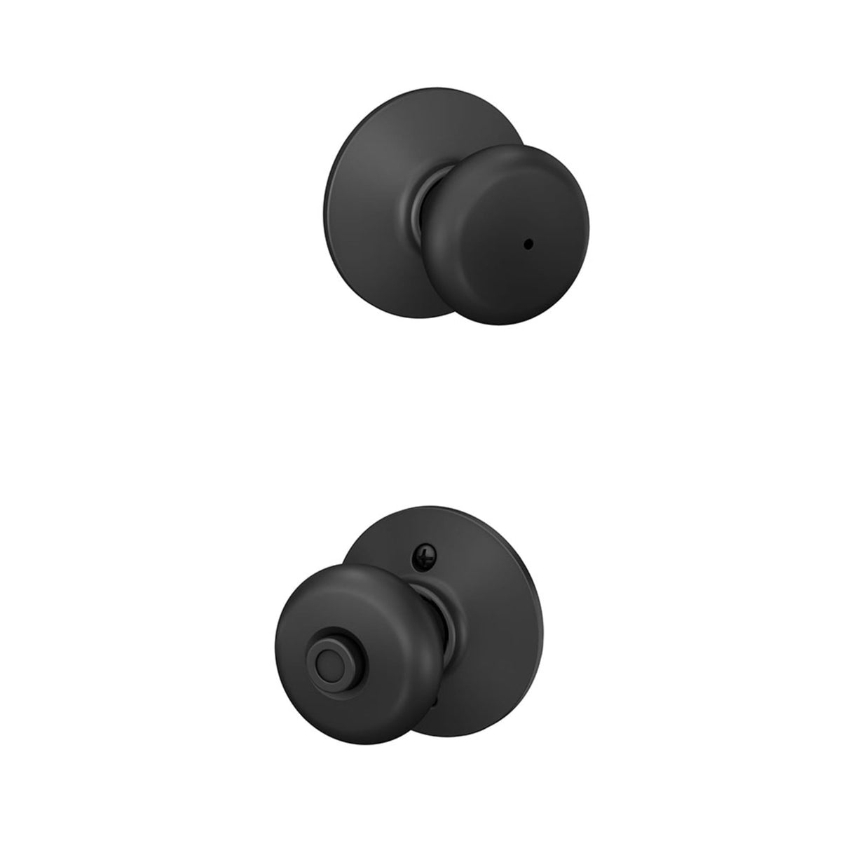 Schlage F40 Plymouth knob close-up; durable matte black finish for lasting style.