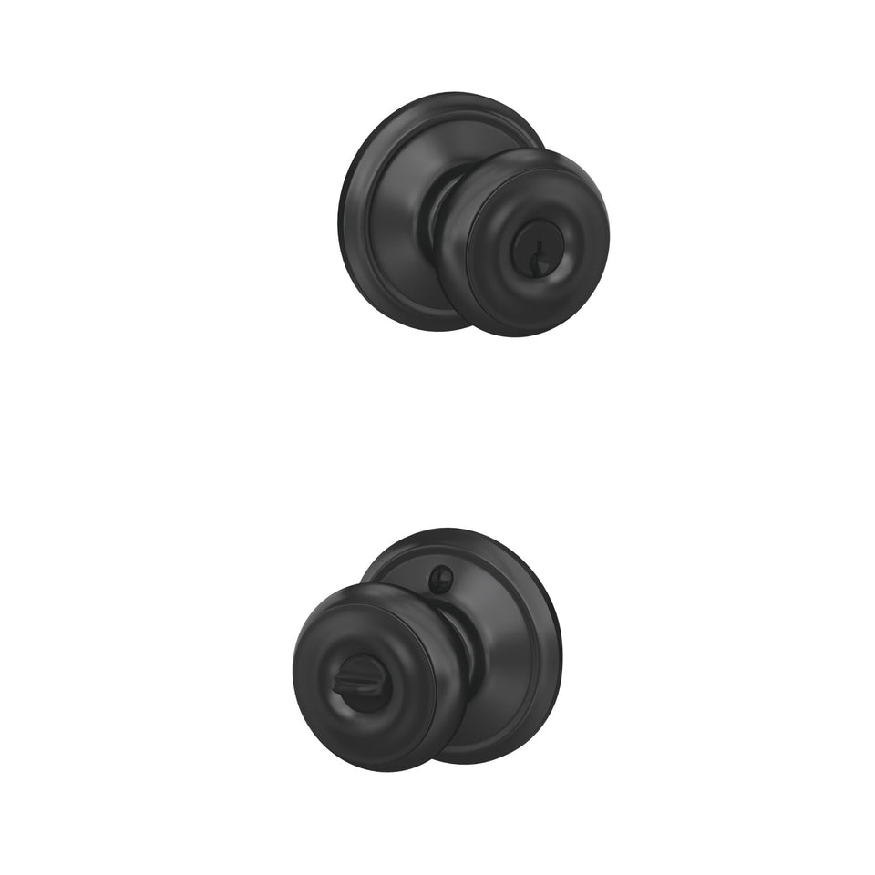 Schlage F51A GEO Georgian knob matte black in entry-ready style.