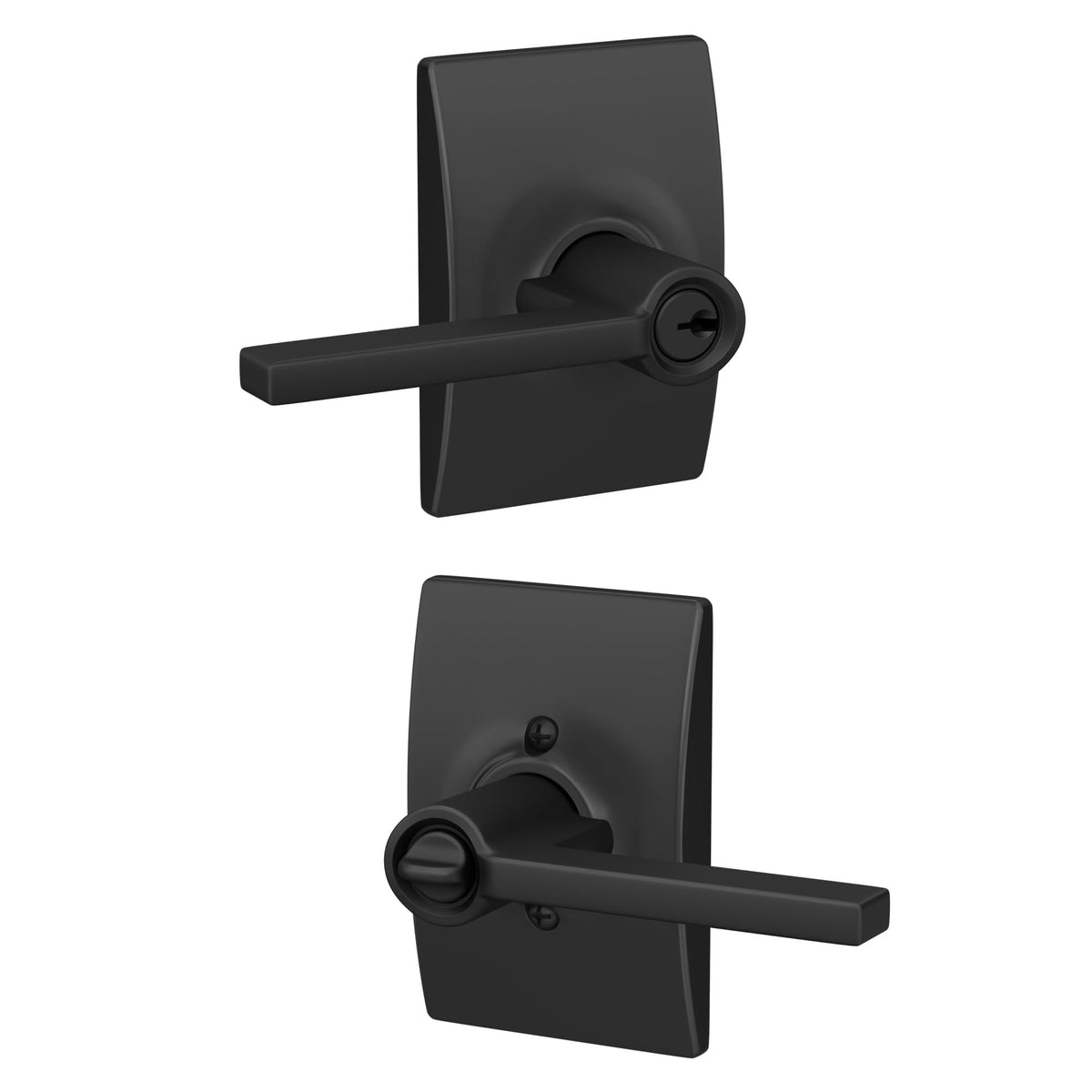 Schlage F51A Latitude front view shows a durable matte black lever with Century trim for curb appeal.