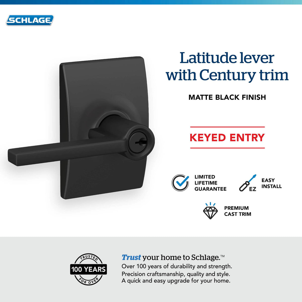 Universal latch on Schlage Latitude lever fits 2-3/8 and 2-3/4 backsets for easy replacement.