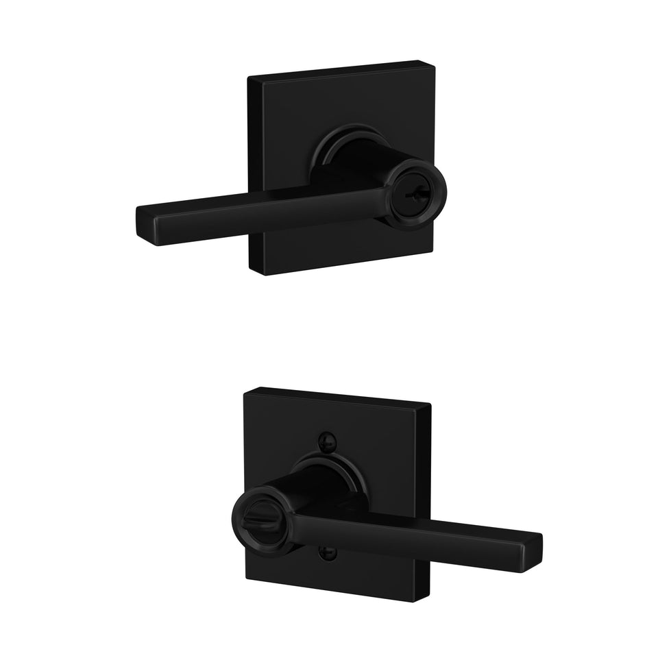Schlage Latitude lever with Collins trim in matte black enhances secure entry.