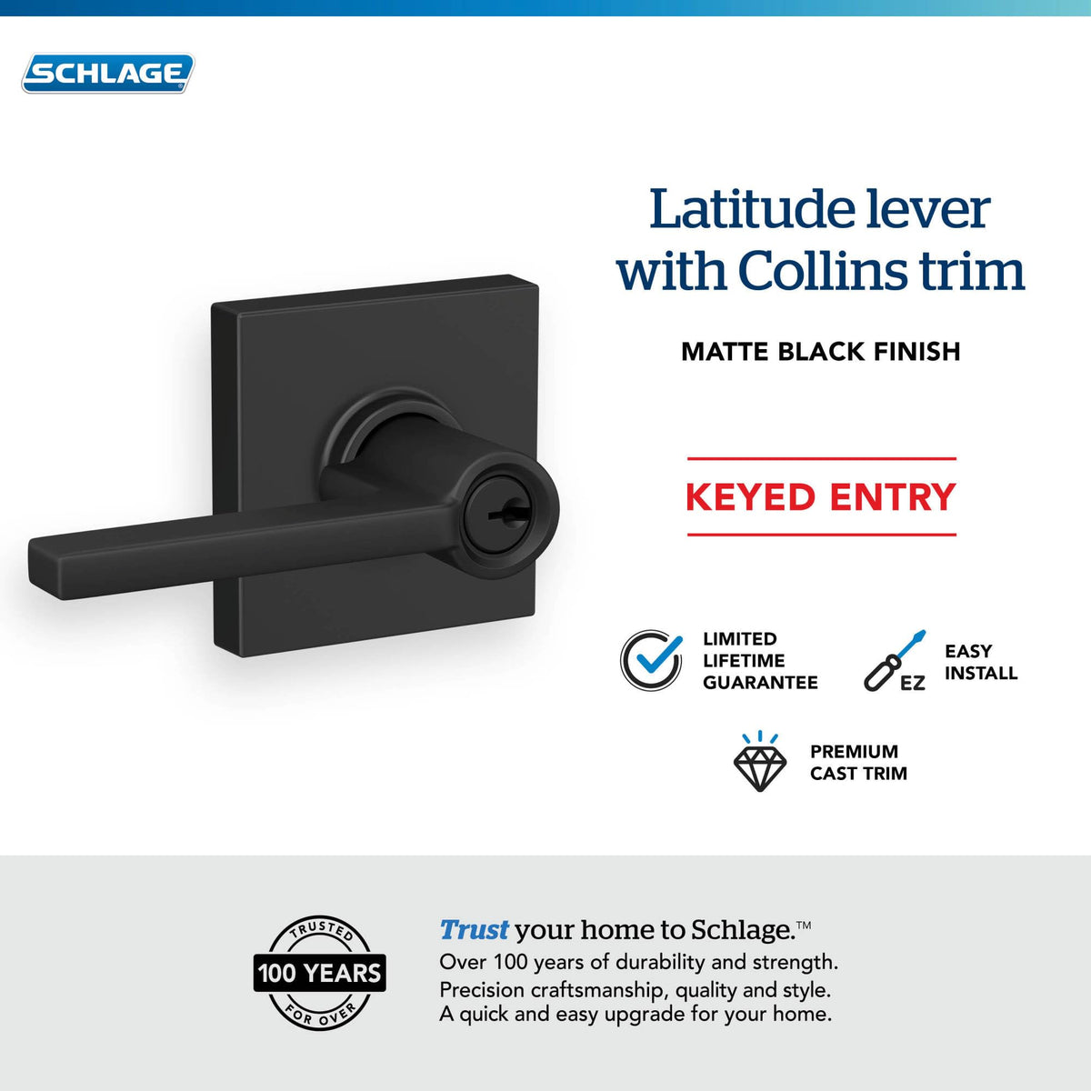 Close-up of matte black finish on Latitude lever with Collins trim.