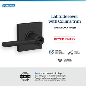 Close-up of matte black finish on Latitude lever with Collins trim.
