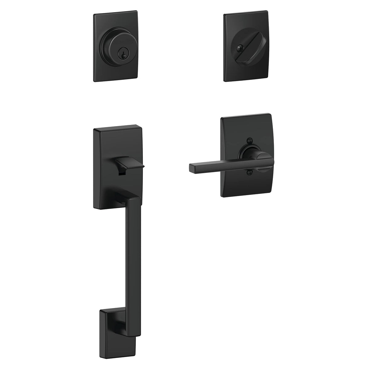 Schlage F60 Century exterior handleset with Latitude lever enhances security for your front door.
