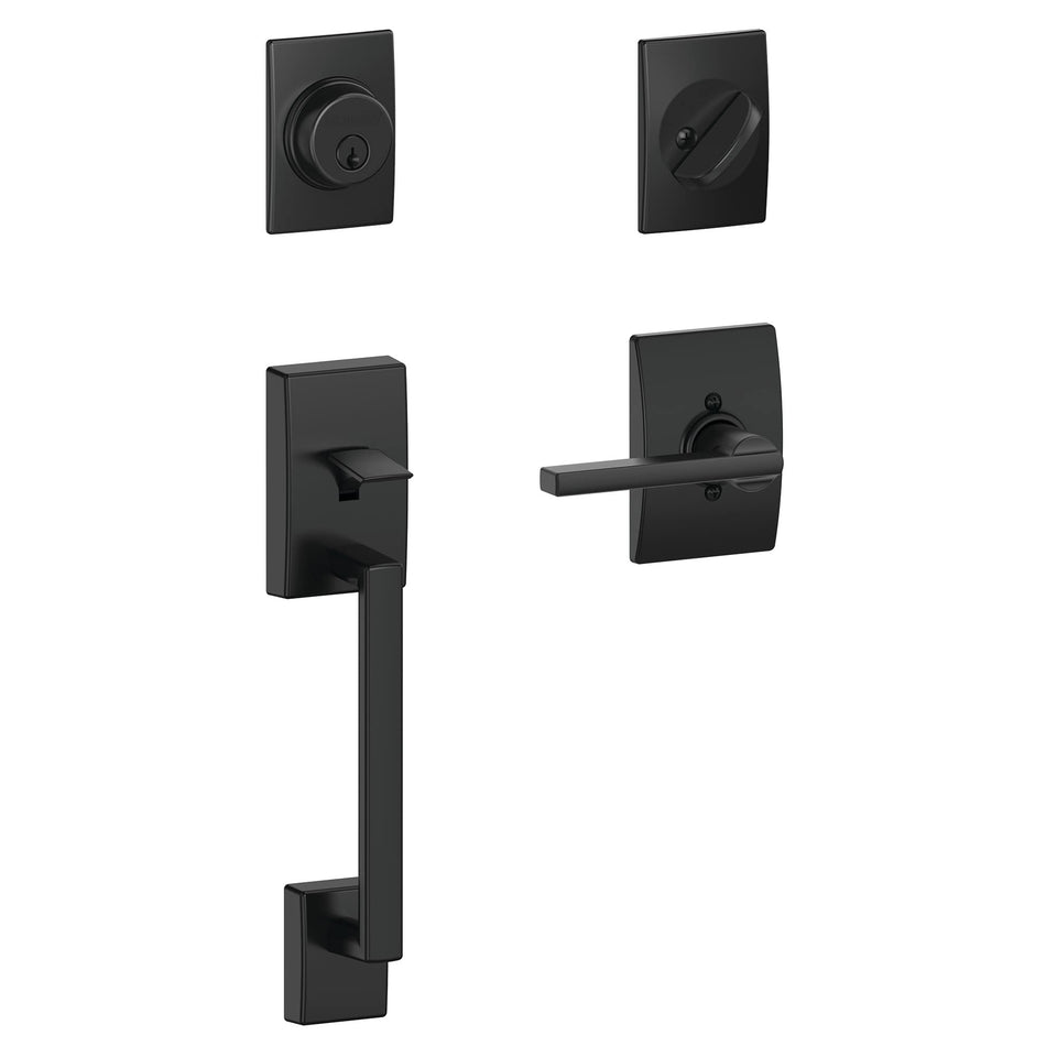 Schlage F60 Century exterior handleset with Latitude lever enhances security for your front door.