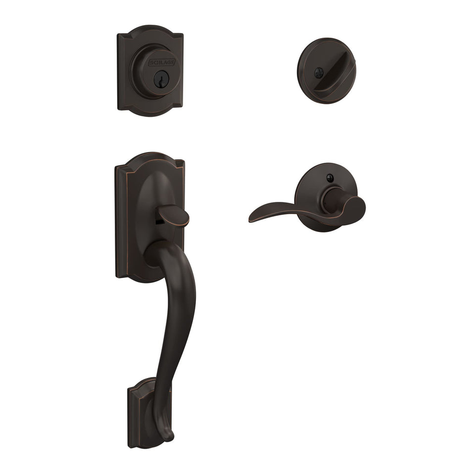 Schlage F60 V CAM 716 ACC Camelot front entry handle shows secure, easy installation.