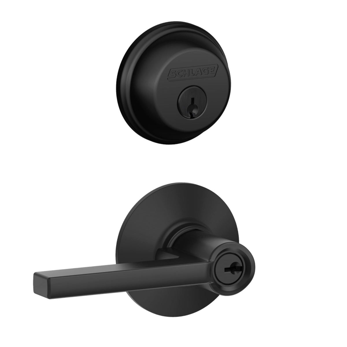 Schlage FB50 deadbolt front view in matte black highlighting exterior security