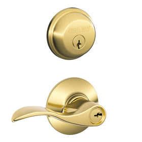 Schlage FB50V Acc 505/605 deadbolt and lever in bright brass for secure entry.