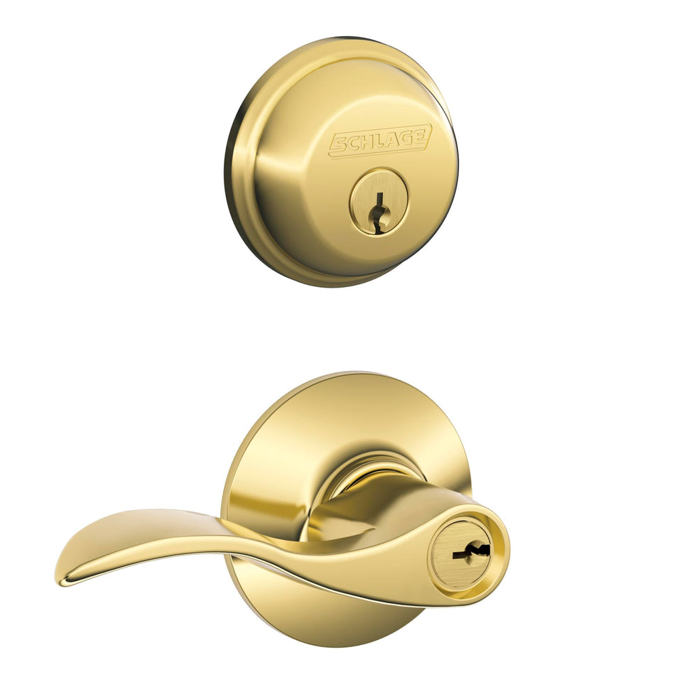 Schlage FB50V Acc 505/605 deadbolt and lever in bright brass for secure entry.