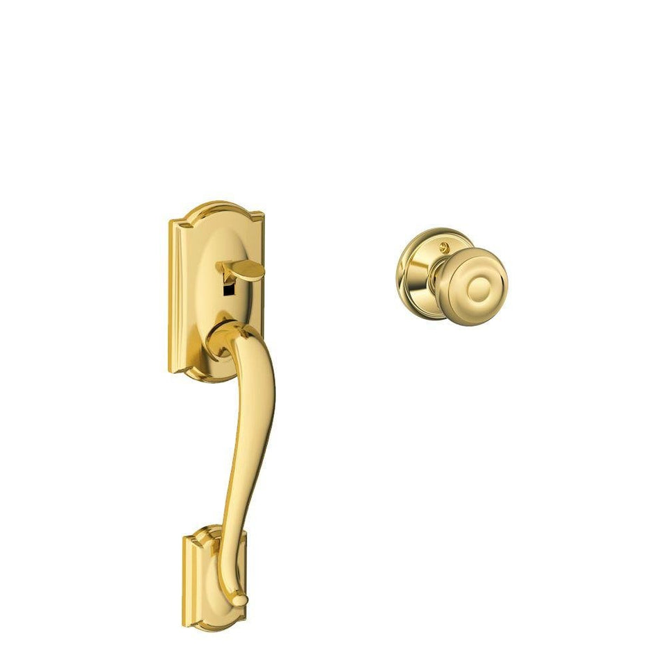 Schlage FE285 CAM 505 Georgian Knob front-entry handleset in bright brass enhances curb appeal and security.