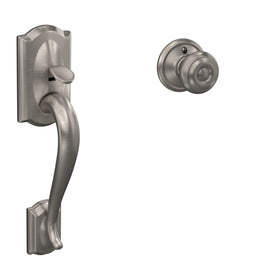 Schlage FE285 CAM 619 GEO front entry handleset in satin nickel enhances curb appeal
