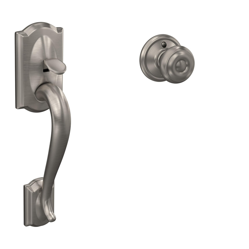 Schlage FE285 CAM 619 GEO front entry handleset in satin nickel enhances curb appeal